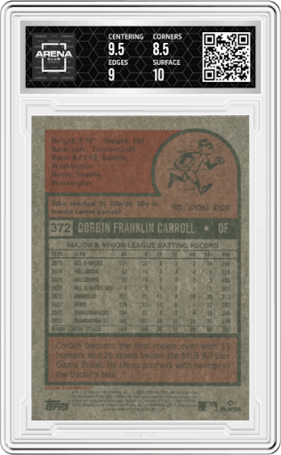 Corbin Carroll from the 2024 Topps Heritage set featuring a Chrome Purple Refractor parallel graded by Arena Club and given an overall grade of 9.