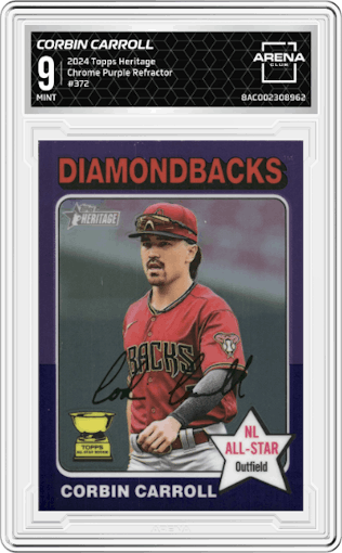 Corbin Carroll from the 2024 Topps Heritage set featuring a Chrome Purple Refractor parallel graded by Arena Club and given an overall grade of 9.