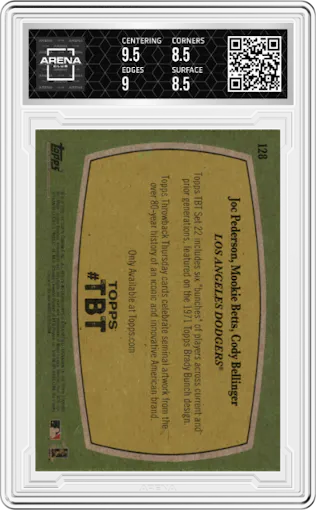 Joc Pederson/Mookie Betts/Cody Bellinger from the 2020 Topps Throwback Thursday  set graded by Arena Club and given an overall grade of 9.