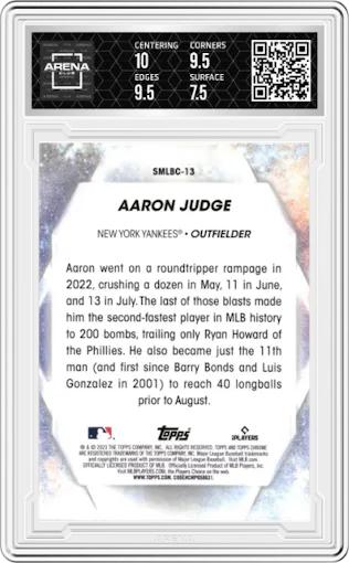 Aaron Judge from the 2023 Topps Series 1 set graded by Arena Club and given an overall grade of 8.