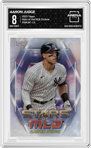 Aaron Judge from the 2023 Topps Series 1 set graded by Arena Club and given an overall grade of 8.