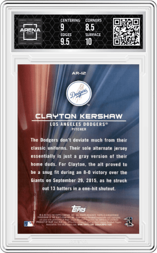 Clayton Kershaw from the 2016 Topps Opening Day   set graded by Arena Club and given an overall grade of 9.