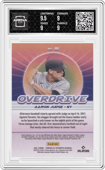 Aaron Judge from the 2021 Panini Chronicles set graded by Arena Club and given an overall grade of 9.