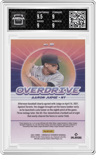 Aaron Judge from the 2021 Panini Chronicles set graded by Arena Club and given an overall grade of 9.
