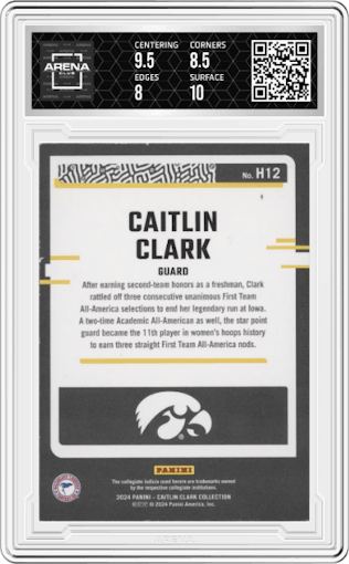 Caitlin Clark from the 2024 Panini Caitlin Clark Collection set graded by Arena Club and given an overall grade of 8.5.