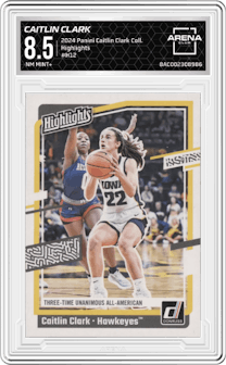Caitlin Clark from the 2024 Panini Caitlin Clark Collection set graded by Arena Club and given an overall grade of 8.5.