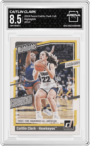 Caitlin Clark from the 2024 Panini Caitlin Clark Collection set graded by Arena Club and given an overall grade of 8.5.