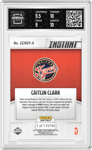 Caitlin Clark from the 2024-25 Panini Instant WNBA set graded by Arena Club and given an overall grade of 9.5.