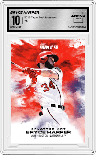 Bryce Harper from the 2016 Topps Bunt Crossover set graded by Arena Club and given an overall grade of 10.