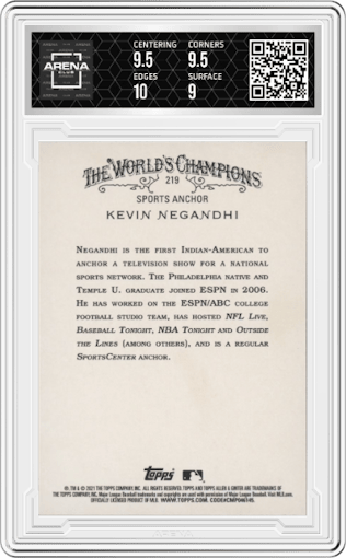 Kevin Negandhi from the 2021 Topps Allen & Ginter set featuring a Silver Portrait parallel graded by Arena Club and given an overall grade of 9.5.
