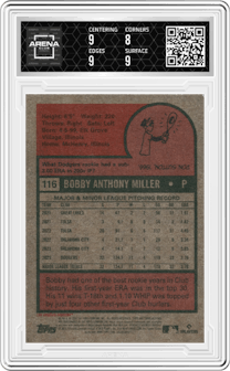 Bobby Miller from the 2024 Topps Heritage set graded by Arena Club and given an overall grade of 8.5.