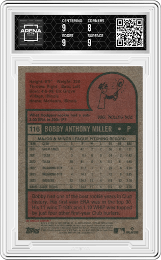 Bobby Miller from the 2024 Topps Heritage set graded by Arena Club and given an overall grade of 8.5.
