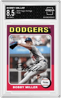 Bobby Miller from the 2024 Topps Heritage set graded by Arena Club and given an overall grade of 8.5.