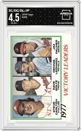 Steve Carlton/Dave Goltz/Dennis Leonard/Jim Palmer from the 1978 Topps set graded by Arena Club and given an overall grade of 4.5.