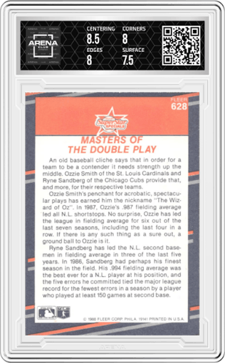 Ozzie Smith/Ryne Sandberg from the 1988 Fleer set graded by Arena Club and given an overall grade of 8.