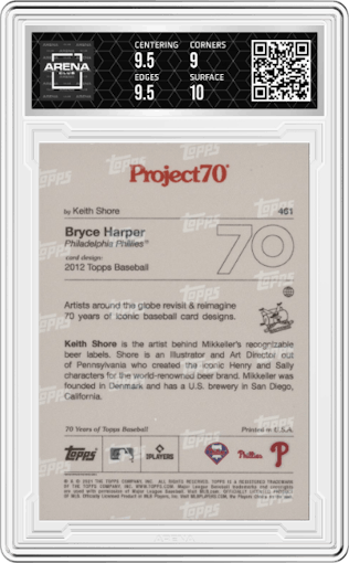 Bryce Harper from the 2021-22 Topps Project70 set graded by Arena Club and given an overall grade of 9.5.