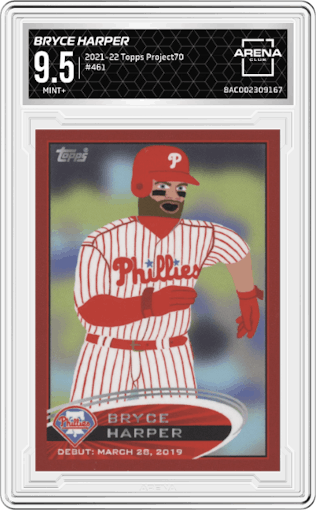 Bryce Harper from the 2021-22 Topps Project70 set graded by Arena Club and given an overall grade of 9.5.