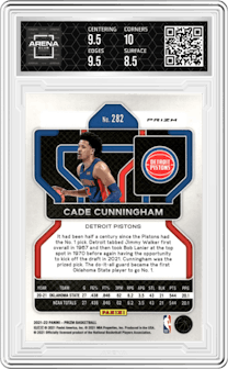 Cade Cunningham from the 2021-22 Panini Prizm  set featuring a Red/White/Blue Prizm parallel graded by Arena Club and given an overall grade of 9.