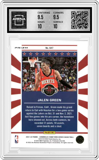 Jalen Green from the 2021-22 Panini Chronicles set featuring a Blue parallel graded by Arena Club and given an overall grade of 10.