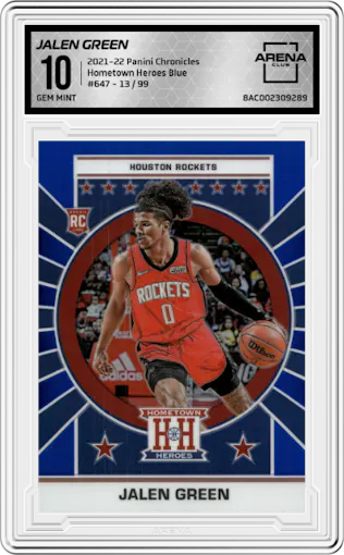 Jalen Green from the 2021-22 Panini Chronicles set featuring a Blue parallel graded by Arena Club and given an overall grade of 10.
