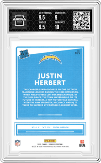 Justin Herbert from the 2020 Panini Donruss set featuring a Canvas parallel graded by Arena Club and given an overall grade of 9.5.