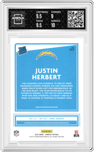 Justin Herbert from the 2020 Panini Donruss set featuring a Canvas parallel graded by Arena Club and given an overall grade of 9.5.