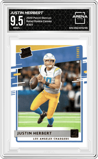 Justin Herbert from the 2020 Panini Donruss set featuring a Canvas parallel graded by Arena Club and given an overall grade of 9.5.