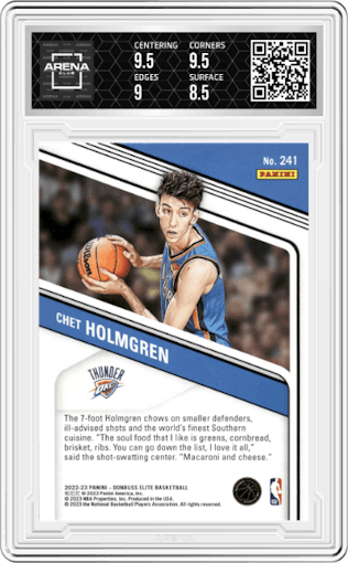 Chet Holmgren from the 2022-23 Donruss Elite set featuring a Orange parallel graded by Arena Club and given an overall grade of 9.