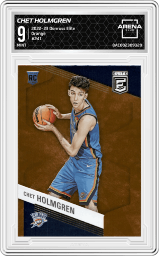 Chet Holmgren from the 2022-23 Donruss Elite set featuring a Orange parallel graded by Arena Club and given an overall grade of 9.