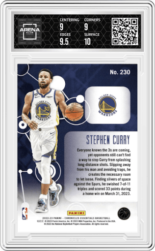 Stephen Curry from the 2022-23 Panini Chronicles  set featuring a Red parallel graded by Arena Club and given an overall grade of 9.5.