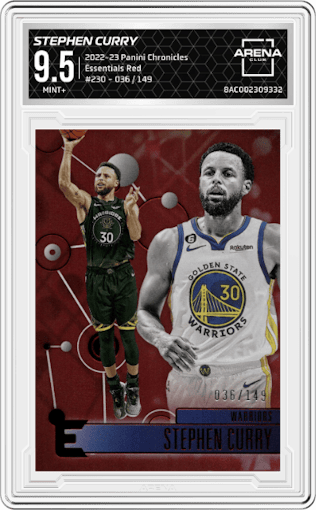Stephen Curry from the 2022-23 Panini Chronicles  set featuring a Red parallel graded by Arena Club and given an overall grade of 9.5.