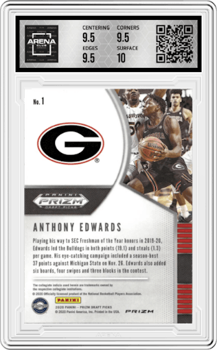 Anthony Edwards from the 2020-21 Panini Prizm Draft Picks set featuring a Pink Ice Prizm parallel graded by Arena Club and given an overall grade of 10.