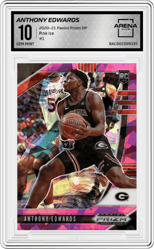 Anthony Edwards from the 2020-21 Panini Prizm Draft Picks set featuring a Pink Ice Prizm parallel graded by Arena Club and given an overall grade of 10.