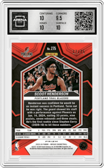 Scoot Henderson from the 2023-24 Panini Mosaic set featuring a Red International parallel graded by Arena Club and given an overall grade of 10.