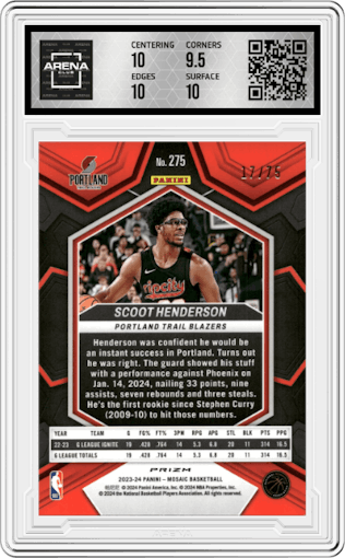 Scoot Henderson from the 2023-24 Panini Mosaic set featuring a Red International parallel graded by Arena Club and given an overall grade of 10.