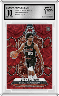 Scoot Henderson from the 2023-24 Panini Mosaic set featuring a Red International parallel graded by Arena Club and given an overall grade of 10.