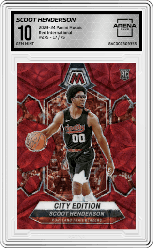 Scoot Henderson from the 2023-24 Panini Mosaic set featuring a Red International parallel graded by Arena Club and given an overall grade of 10.