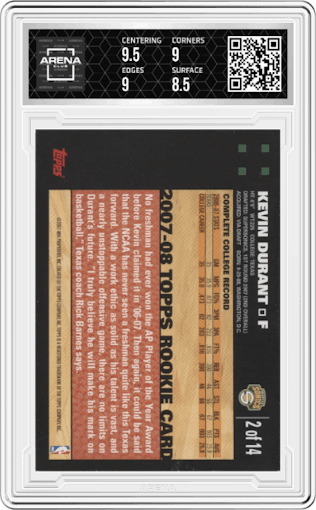 Kevin Durant from the 2007-08 Topps set graded by Arena Club and given an overall grade of 9.