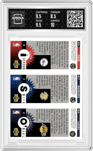 Shaquille O'Neal/Joe Smith/Allen Iverson from the 1996-97 Upper Deck Collector's Choice set graded by Arena Club and given an overall grade of 9.