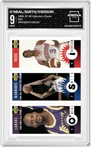 Shaquille O'Neal/Joe Smith/Allen Iverson from the 1996-97 Upper Deck Collector's Choice set graded by Arena Club and given an overall grade of 9.