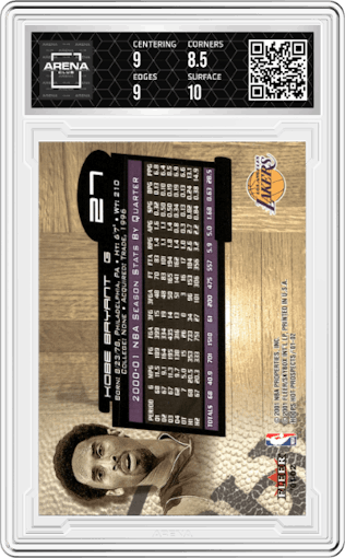 Kobe Bryant from the 2001-02 Hoops Hot Prospects set graded by Arena Club and given an overall grade of 9.