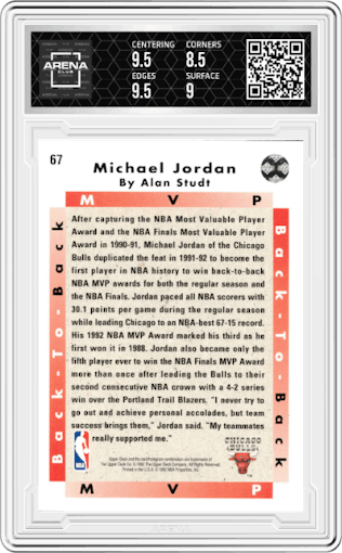 Michael Jordan from the 1992-93 Upper Deck  set graded by Arena Club and given an overall grade of 9.
