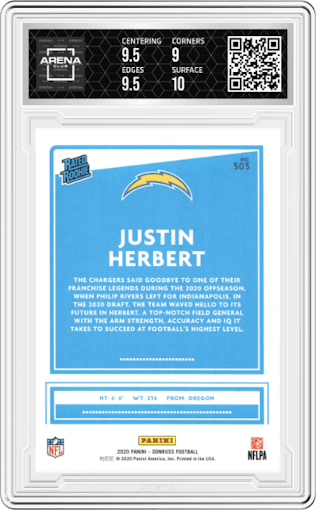 Justin Herbert from the 2020 Panini Donruss set graded by Arena Club and given an overall grade of 9.5.