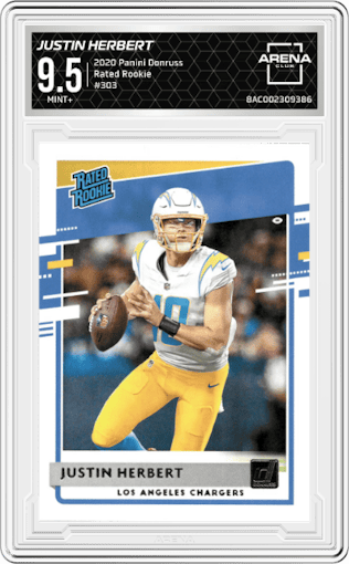 Justin Herbert from the 2020 Panini Donruss set graded by Arena Club and given an overall grade of 9.5.