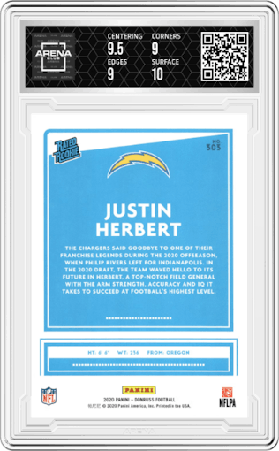 Justin Herbert from the 2020 Panini Donruss set graded by Arena Club and given an overall grade of 9.5.