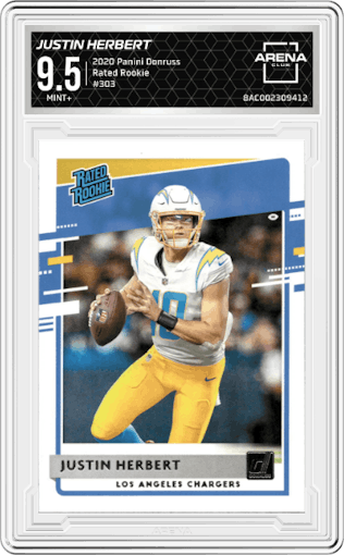 Justin Herbert from the 2020 Panini Donruss set graded by Arena Club and given an overall grade of 9.5.