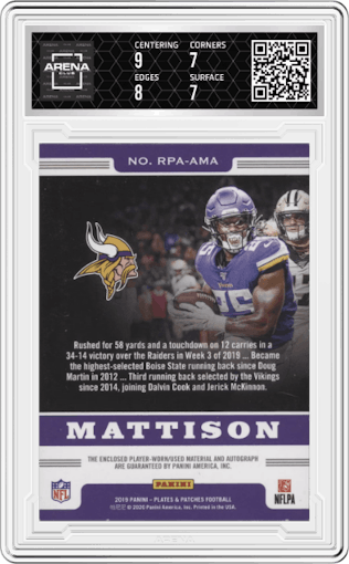 Alexander Mattison from the 2019 Panini Plates & Patches set graded by Arena Club and given an overall grade of 7.5.