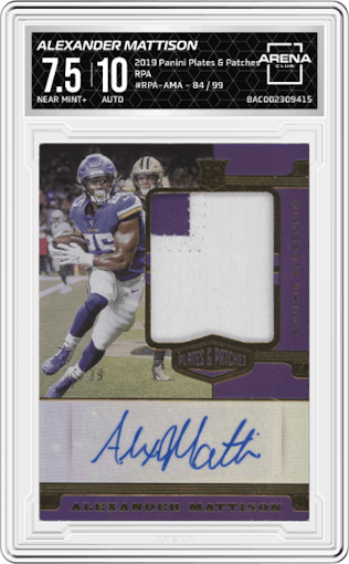 Alexander Mattison from the 2019 Panini Plates & Patches set graded by Arena Club and given an overall grade of 7.5.