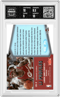 LeBron James from the 2005-06 NBA Hoops set graded by Arena Club and given an overall grade of 9.