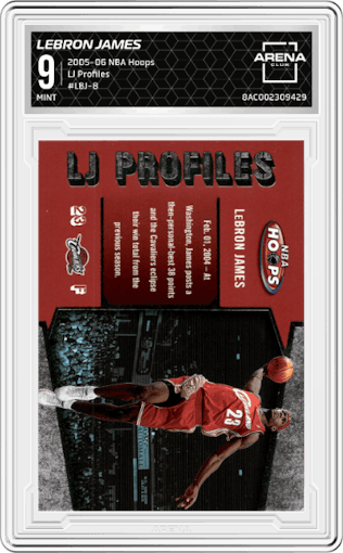 LeBron James from the 2005-06 NBA Hoops set graded by Arena Club and given an overall grade of 9.